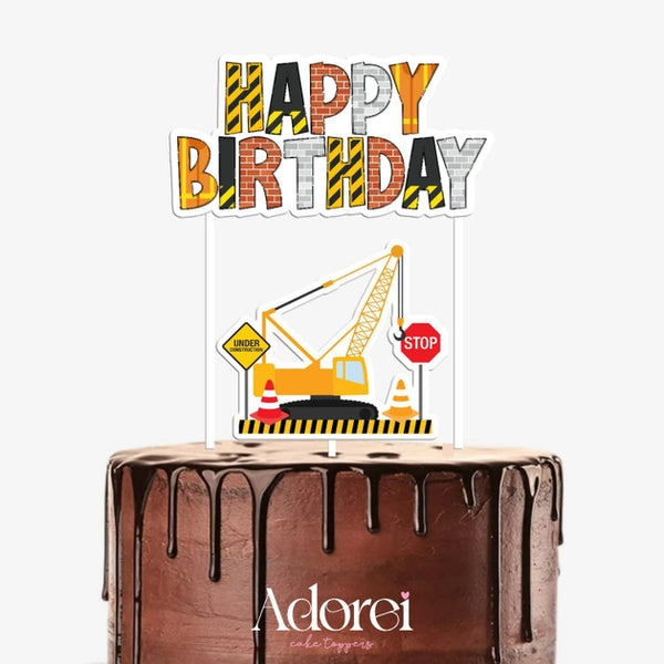 Cake Topper - Happy Birthday - Construction Theme - Laminated Card